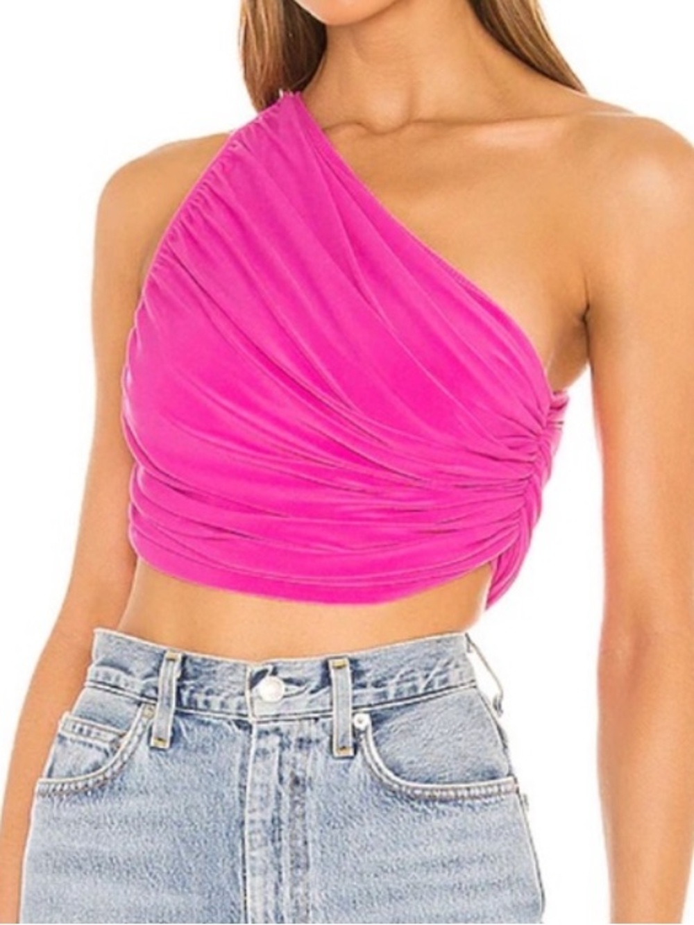 Norma Kamali Diana Pink One Shoulder Crop Top